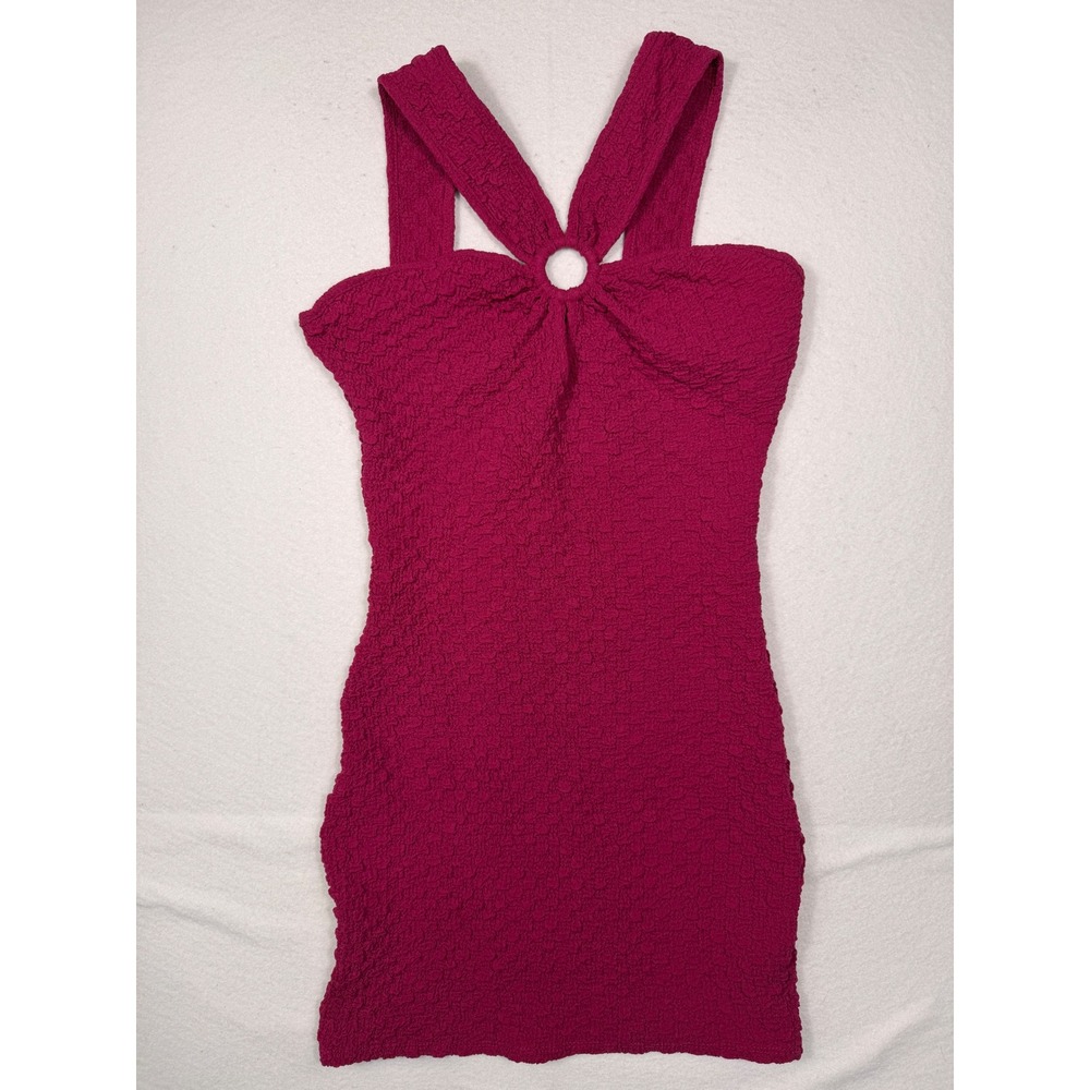 Rolla Coster Mini Dress Women Large Magenta Popcorn Crinkle O-Ring Bodycon party